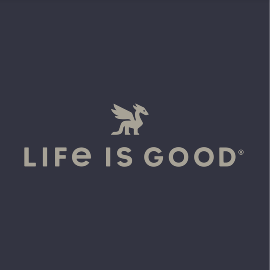 The Life Is Good brand logo featuring a light beige pegasus above the text 'LIFE IS GOOD' in a matching light beige serif font, centered on a solid dark navy blue background.