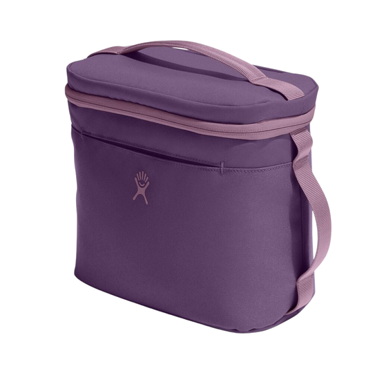 A purple insulated lunch bag with a top handle, side strap, and a small HydroFPD logo on the front, shown on a plain white background.