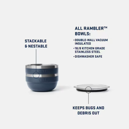Blue insulated rambler bowl with features listed on a white background