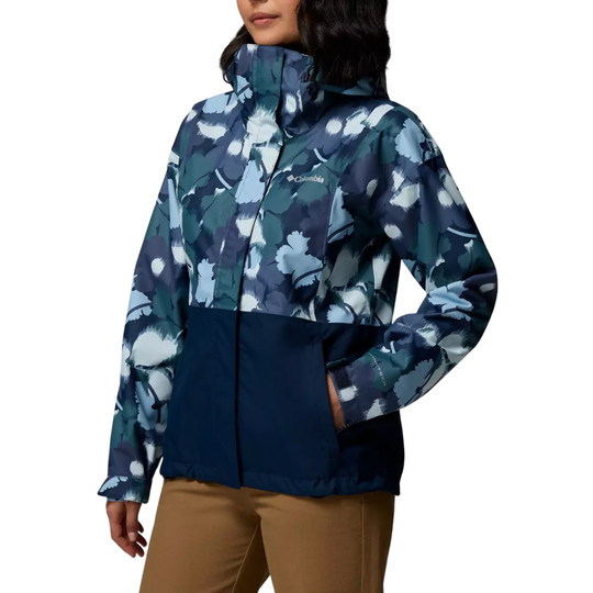 Columbia Women's Hikebound Printed Hooded Rain Jacket - Collegiate Navy Ikatbloom on a female model on a white background