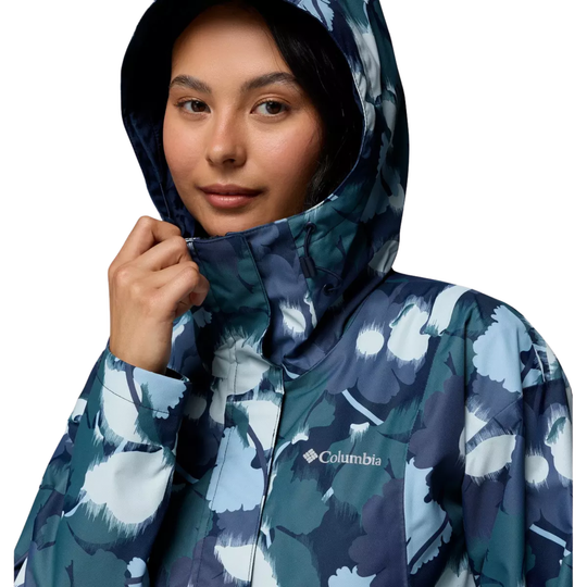 Columbia Women's Hikebound Printed Hooded Rain Jacket - Collegiate Navy Ikatbloom on a female model on a white background.