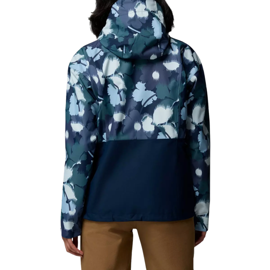 Columbia Women's Hikebound Printed Hooded Rain Jacket - Collegiate Navy Ikatbloom on a female model back side on a white background