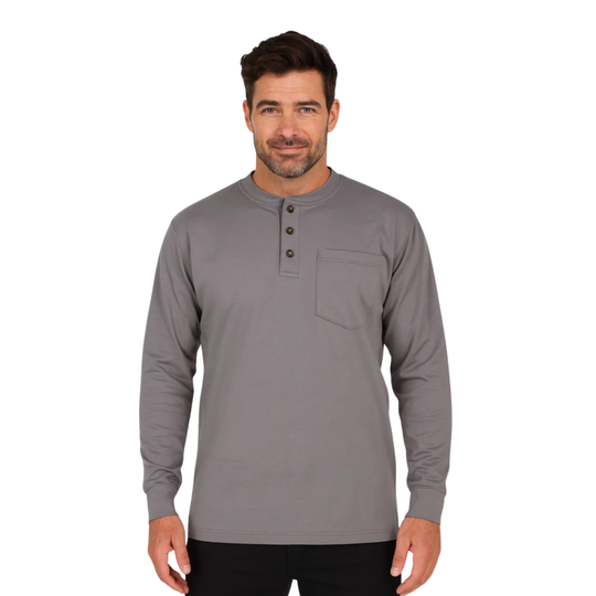 A man wearing a gray long-sleeve henley shirt with a three-button placket and a chest pocket, shown against a plain white background.