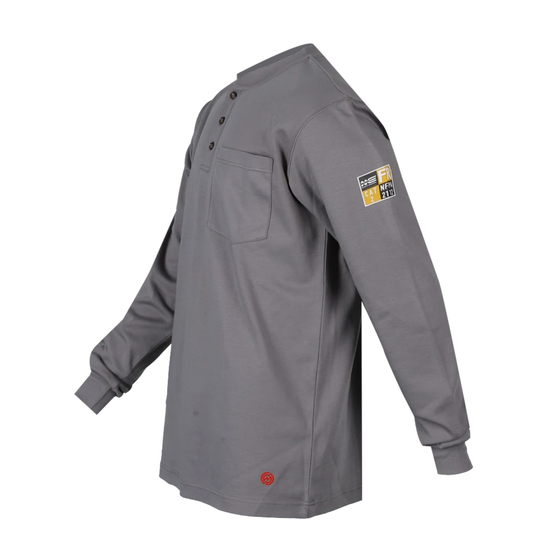 A gray long-sleeve work shirt with a buttoned henley collar, a chest pocket, and a yellow and black logo patch on the upper left sleeve, shown against a plain white background.