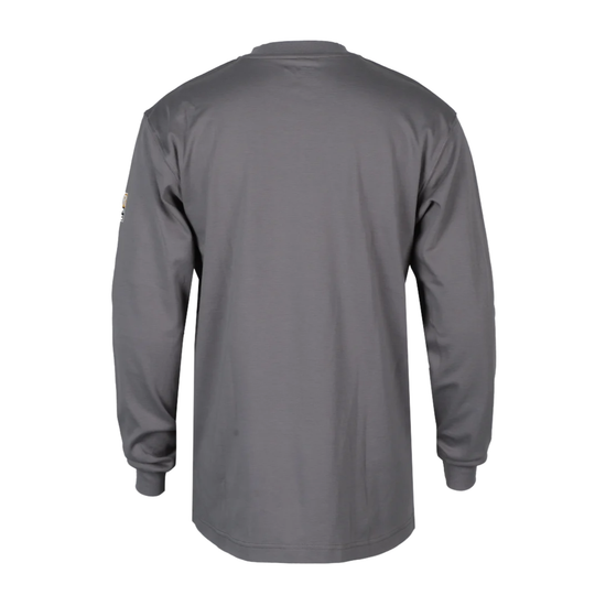 A dark gray long-sleeve shirt shown from the back, featuring a crew neck and ribbed cuffs, on a solid white background.