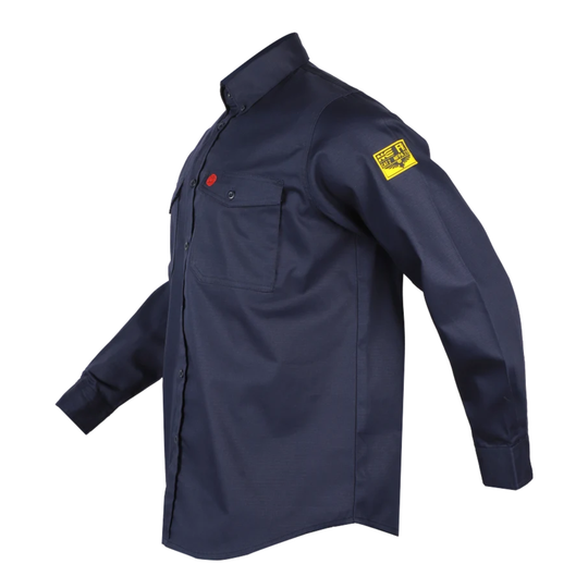 A navy blue long-sleeve work shirt with a chest pocket, a red button accent, and a yellow logo patch on the upper left sleeve, shown against a plain white background.