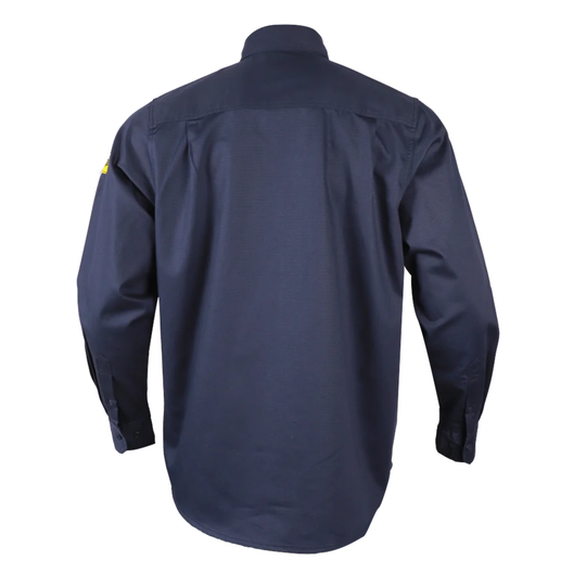 A dark navy blue long-sleeve button-up shirt shown from the back, featuring a small yellow logo on the left shoulder, displayed on a clean white background.