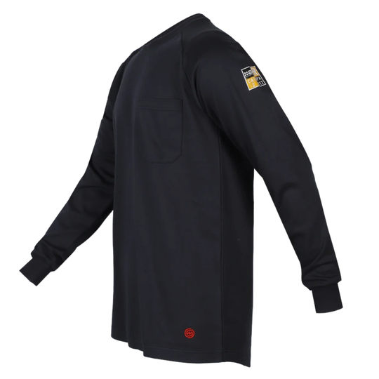 A black long-sleeve work shirt with a chest pocket, shown from a three-quarters angle. It features a small red circular logo near the bottom hem and a yellow and black patch on the upper right sleeve.