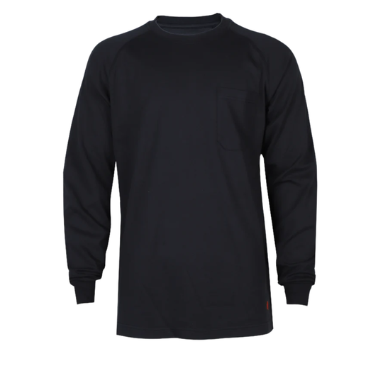 A black long-sleeve crewneck shirt with a single chest pocket, displayed on a clean white background.