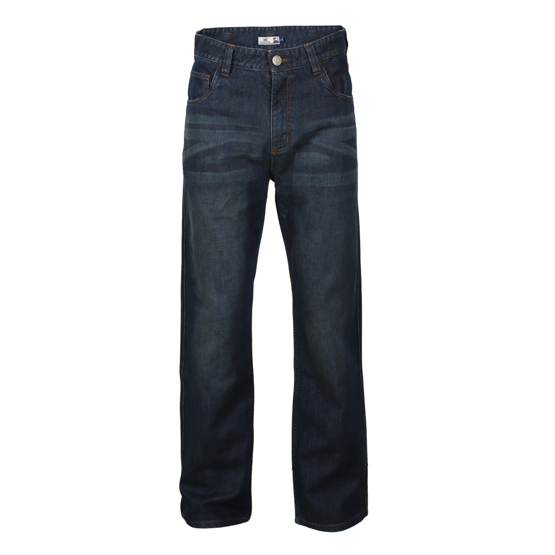 A pair of dark blue denim jeans shown flat against a solid white background.