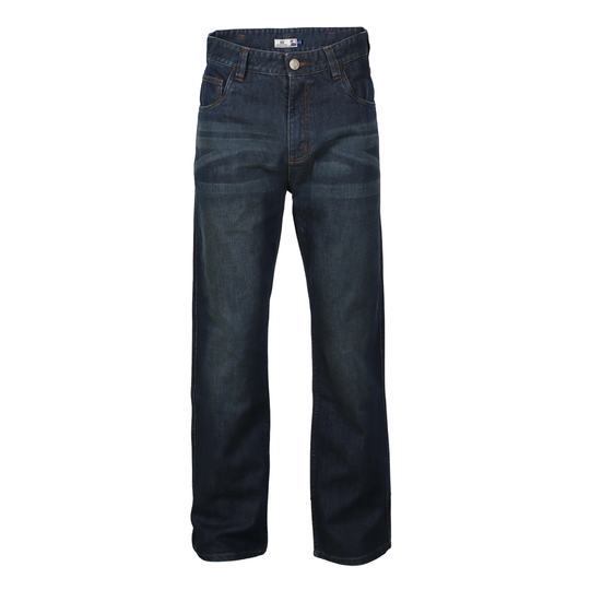 A pair of dark blue denim jeans shown flat against a solid white background.