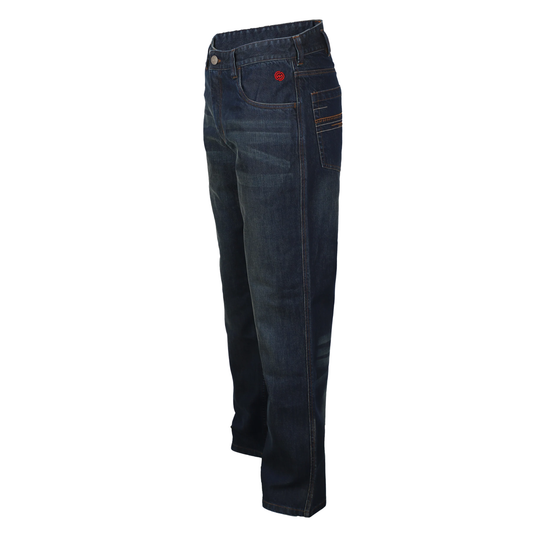 A pair of dark blue denim jeans shown from a side profile view against a plain white background.