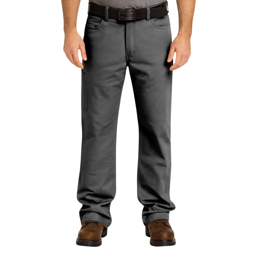 A person wearing a pair of dark gray work pants with a black belt and brown shoes, shown from the waist down on a plain white background.