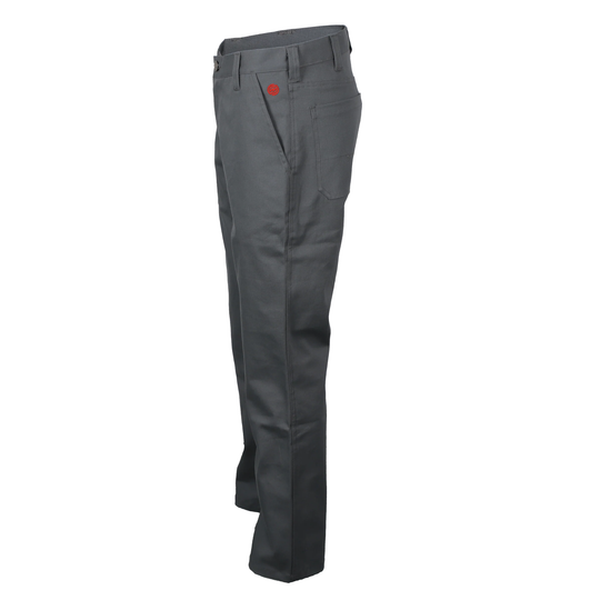 A pair of dark gray work pants shown from the side profile against a plain white background.