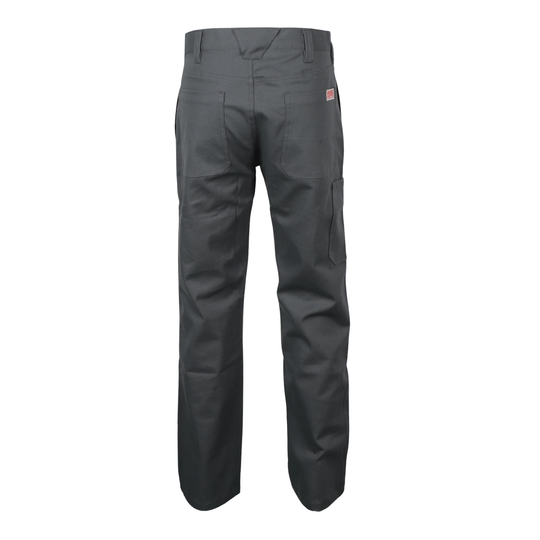 Dark gray work pants shown from the back, featuring a straight-leg fit, belt loops, and cargo pockets on the sides, with a small red brand tab on the upper right side.