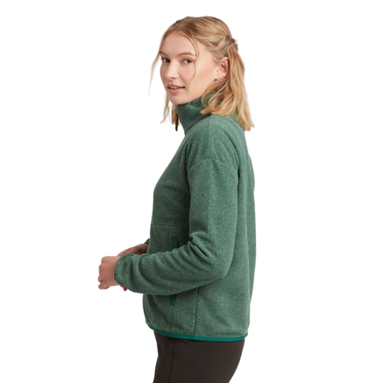 A woman wearing a heathered green quarter-zip fleece pullover, shown from a side profile against a solid white background.