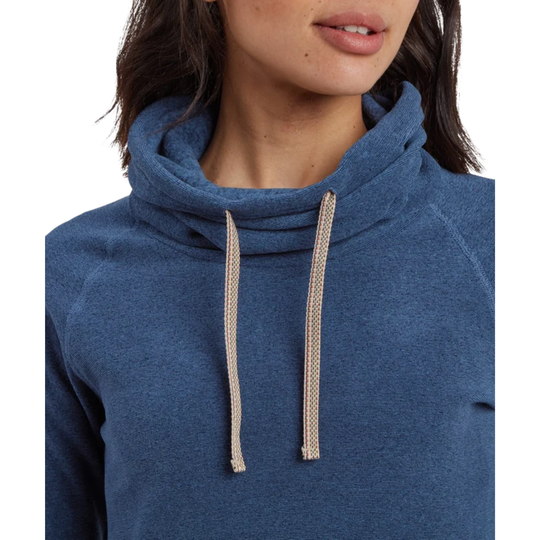 Close-up of a person wearing a heathered blue hooded sweatshirt, pulling the drawstrings slightly. The image is cropped from the lower face to the upper torso against a plain white background.