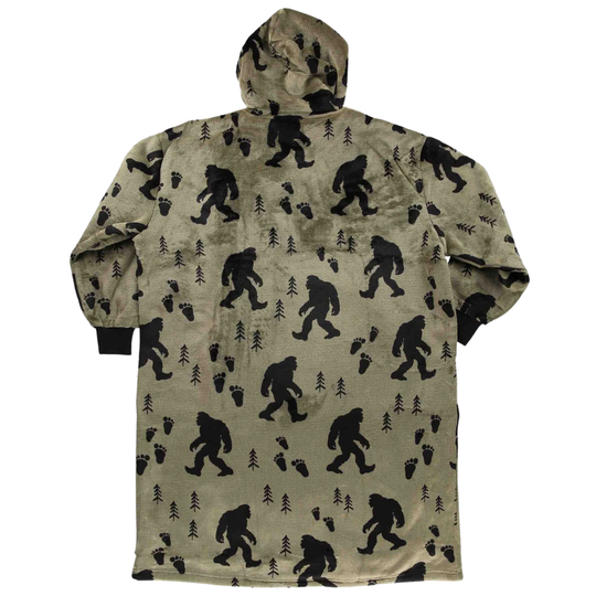 A hooded fleece jacket shown from the back, featuring an all-over print of black Bigfoot silhouettes, tree silhouettes, and footprints on an olive green background.
