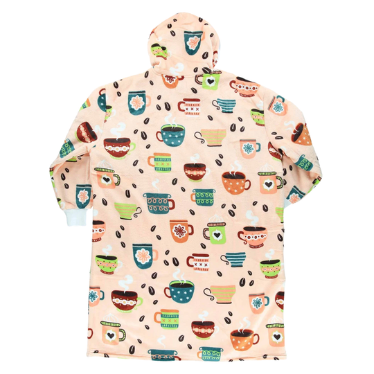 A light pink hooded robe with a colorful coffee-themed print, including mugs, coffee beans, and desserts, against a plain white background.