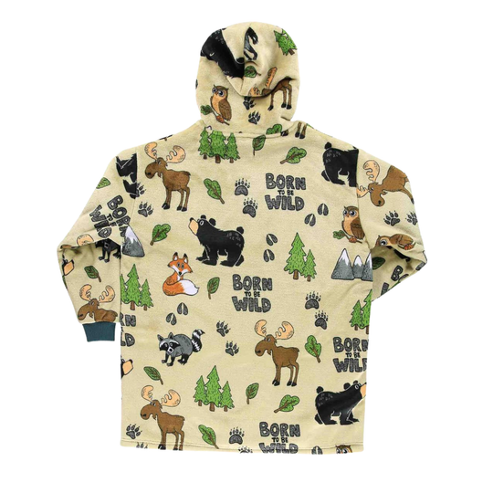 A hooded sweatshirt shown flat against a white background, featuring an all-over 'Born Wild' outdoor print with moose, bears, foxes, trees, mountains, and paw prints on a light beige base.