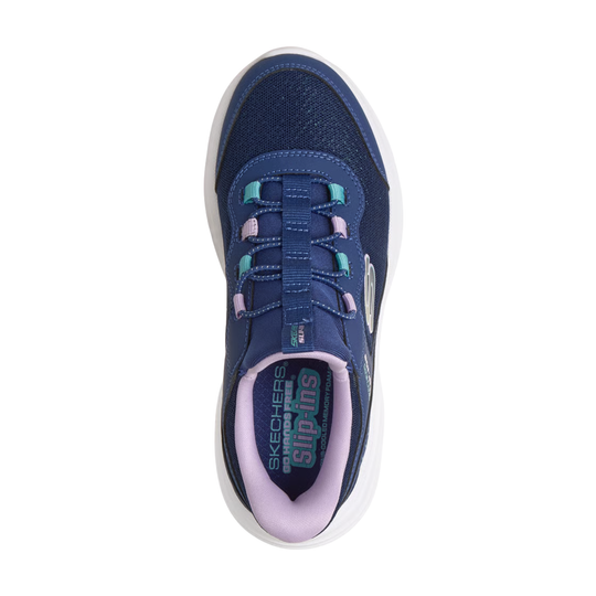 A single Skechers Girls' Flexfit slip-on shoe in navy blue, featuring a white sole, light purple collar lining, and teal and pink laces, shown from a top-down view on a white background.