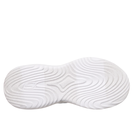 White athletic shoe sole with a textured wavy tread pattern and a stylized 'S' logo, shown from a top-down view on a white background.
