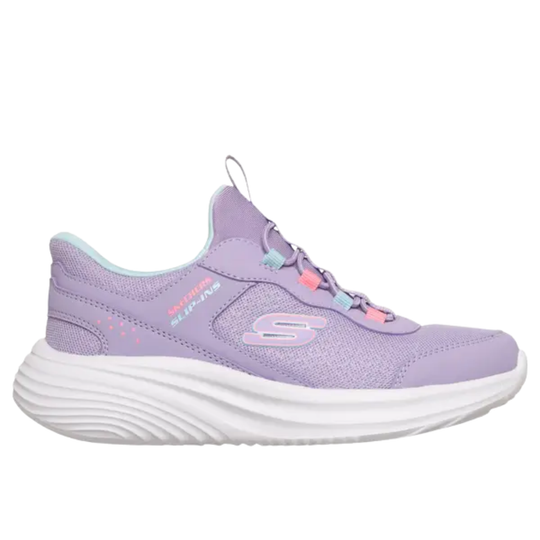 A single Skechers Albu-Run sneaker in lavender purple, featuring a white textured sole, mesh upper, pastel pink and blue laces, and the Skechers logo on the side.
