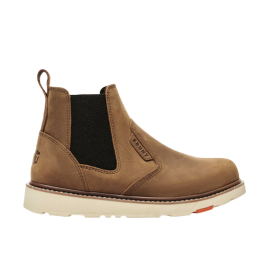 A brown suede Chelsea boot with a black elastic side panel and a thick off-white sole, shown from the side on a white background.