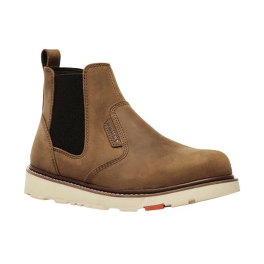 A brown suede Chelsea boot with black elastic side panels and a thick off-white sole, shown from a side profile on a white background.