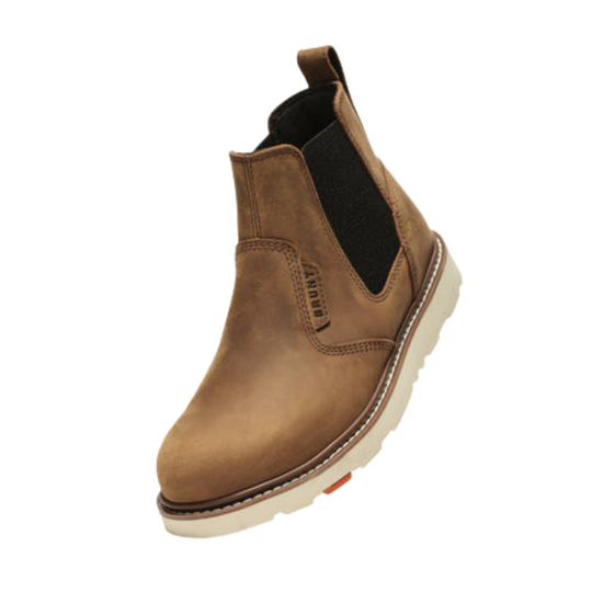 A single brown suede Chelsea-style ankle boot with black elastic side panels and a thick off-white sole, shown on a plain white background.