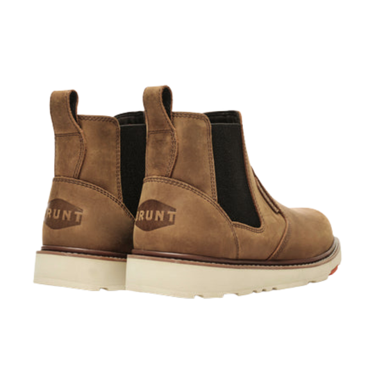 A pair of Runt brown suede Chelsea boots with black elastic side panels and off-white soles, shown from a rear three-quarter angle on a white background.