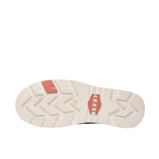 The outsole of a Brunt shoe, featuring a cream-colored tread pattern with a coral-red accent block near the heel and a matching red logo on the center.