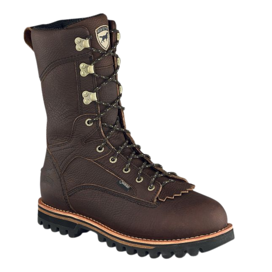 Brown leather boot with laces on a light gray background