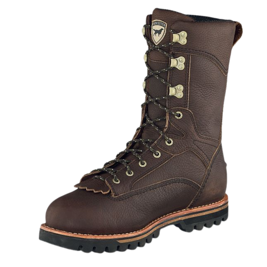 A dark brown leather lace-up work boot with decorative metal eyelets and a rugged black sole, shown on a plain white background.