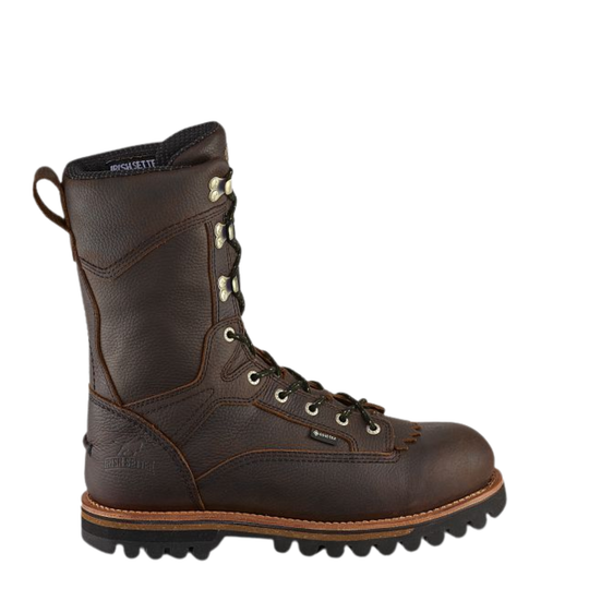 A dark brown leather lace-up work boot with silver metal eyelets and a rugged black sole, shown from a side profile on a light gray background.