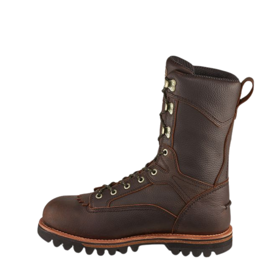A dark brown leather lace-up work boot with silver metal eyelets and a rugged black sole, shown from a side profile on a white background.