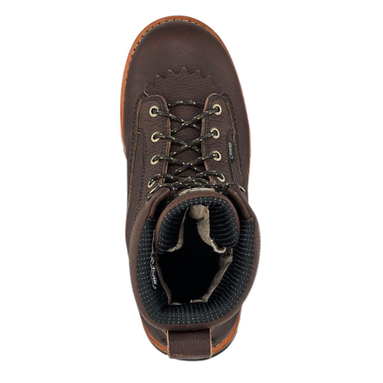 A top-down view of a dark brown leather lace-up boot with a ribbed dark gray collar and a light tan sole, shown on a solid white background.