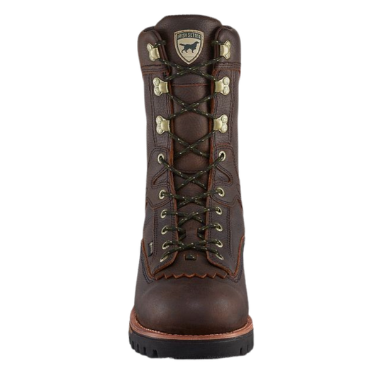 A dark brown leather work boot with camouflage laces, brass eyelets, and a shield-shaped 'Spartan' logo patch on the tongue, shown against a plain white background.