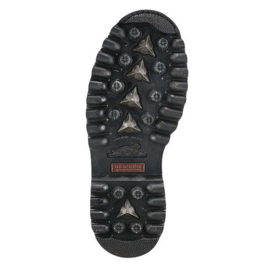 The outsole of a black heavy-duty work boot, featuring textured lugs and three silver metal anti-slip tread plates, shown against a plain white background.