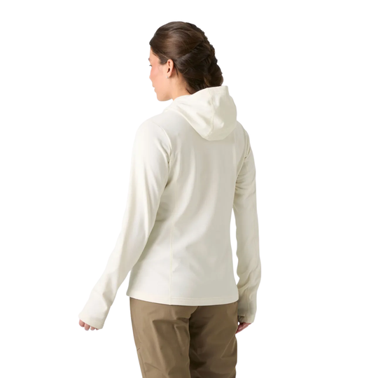 Person wearing a white hoodie and brown pants on a white background