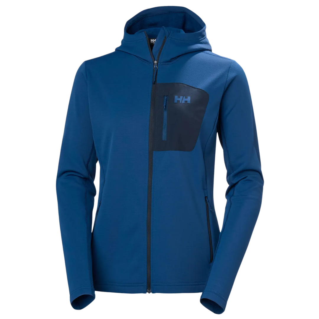 A royal blue women's full-zip hooded jacket with a dark navy chest pocket and 'HH' logo, shown on a plain white background.