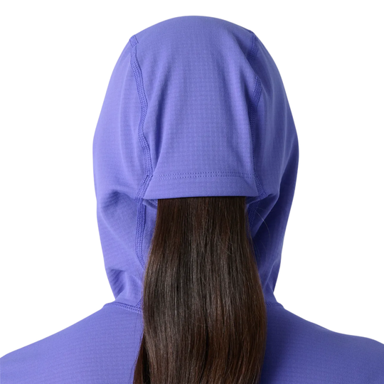 Purple hooded garment worn by a person on a white background