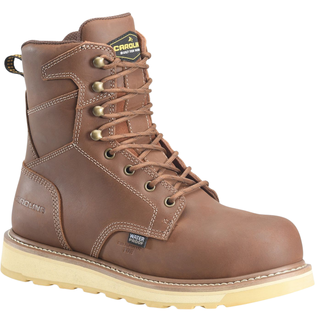 A brown leather high-top work boot with tan laces, brass eyelets, and a beige sole, shown on a plain white background. The tongue label shows 'Carolina' and the side shows 'Pleasant' and 'Water Resistant'.