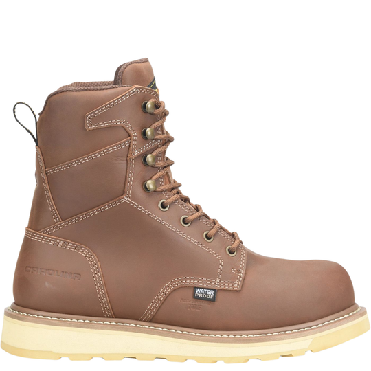 A brown leather work boot with a light beige sole, featuring metal eyelets, laces, and a small 'Water Proof' label on the side.