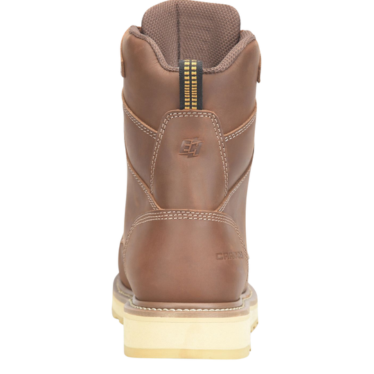 A single brown leather work boot shown from the back, featuring a tan sole and a small black and gold pull tab on the heel.