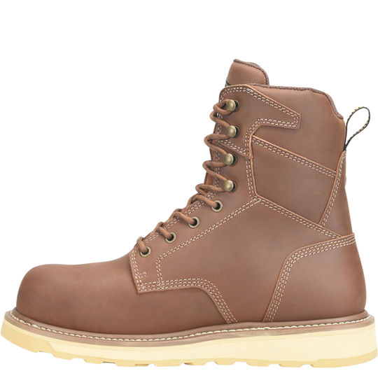 A brown leather lace-up work boot with tan stitching, brass eyelets, and a thick cream-colored sole, shown from a side profile on a white background.
