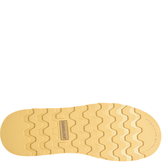 A top-down view of a tan rubber shoe sole with a zigzag tread pattern and a small central brand label reading 'Carolina'