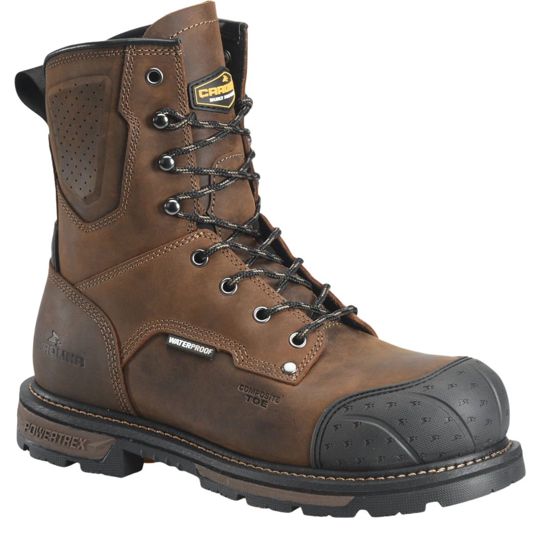A brown leather work boot with a black protective toe cap, black laces, and a rugged sole, shown on a plain white background.
