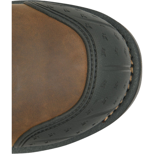 Close-up of a brown leather shoe with black sole on a white background