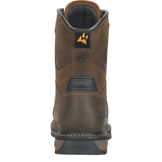 A brown leather work boot shown from the back, featuring a black heel counter, a black outsole with 'DEADLINE' branding, and a small orange logo on the heel tab.